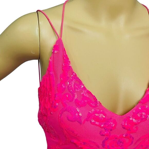 B. Darlin Pink Dress Pattern Sequin V-Neck Spaghetti Straps Maxi Gown 3-4 - Picture 3 of 16